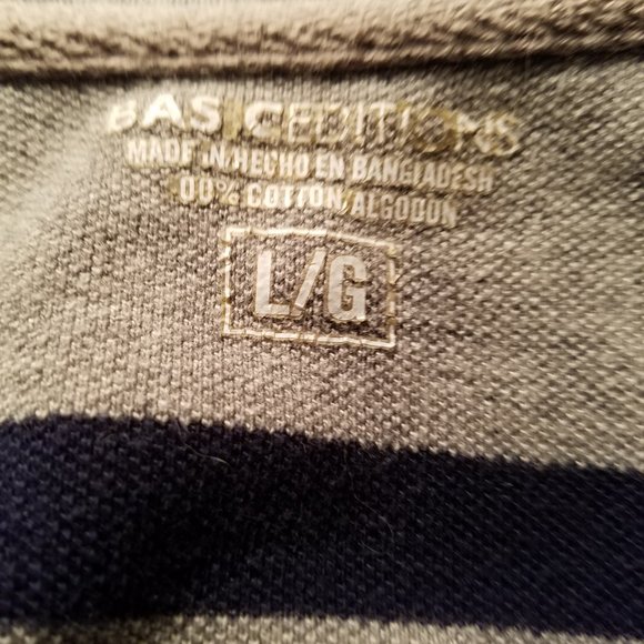 Basic Editions Classic Fit Mens Gray & Blue Striped Short Sleeve Polo Size LG - Picture 5 of 5